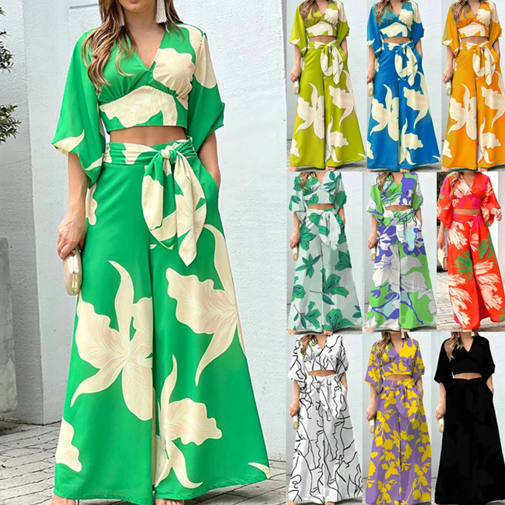 2 Pieces Set Women V-neck Lace Up Tops & High Waist Wide Leg Pants OL Style