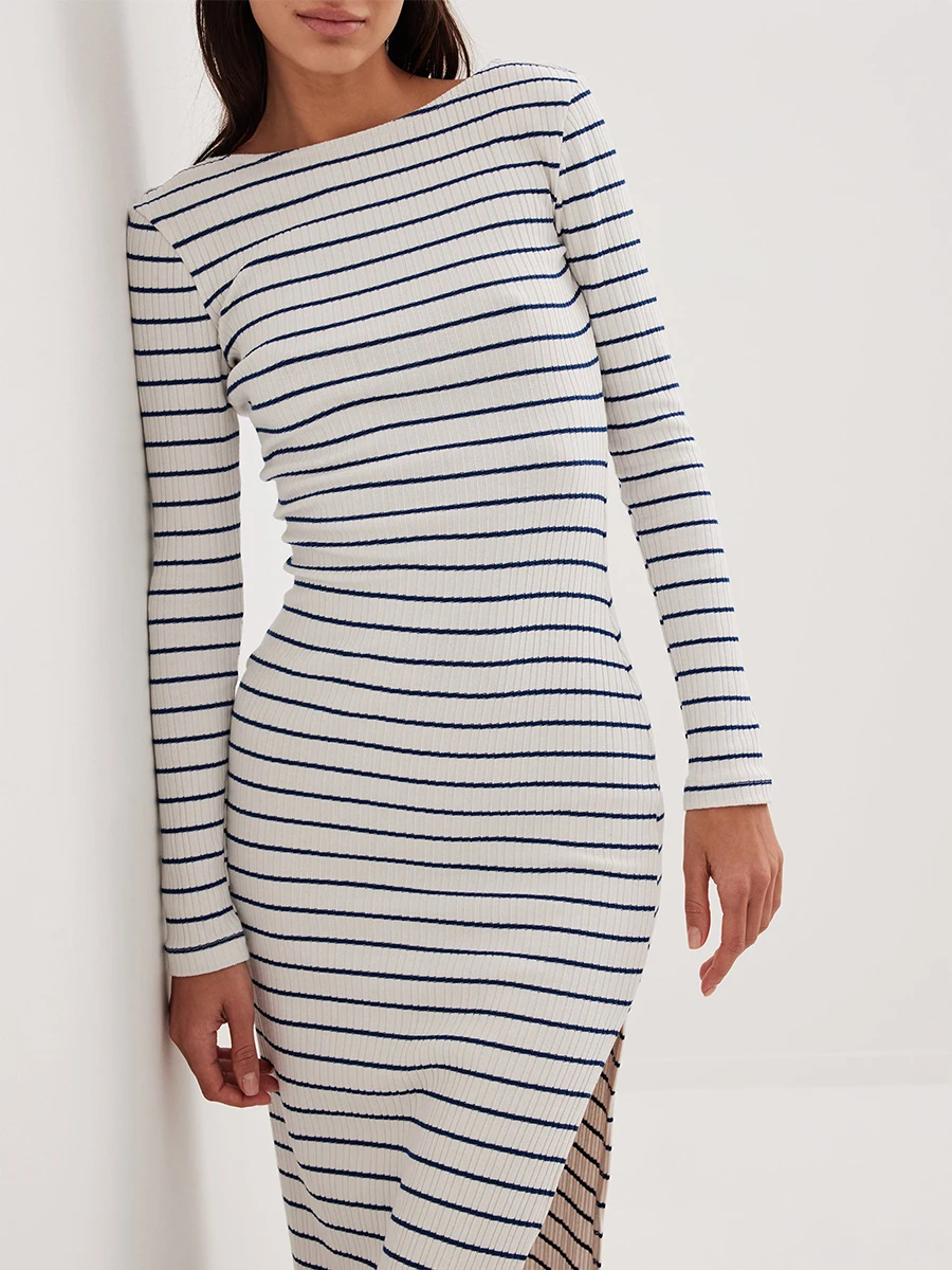 

Women s 2023 Trendy Knitted Long Dress Striped Slit Backless Sweater Dress Slim Fit Ribbed Knit Bodycon Midi Dress