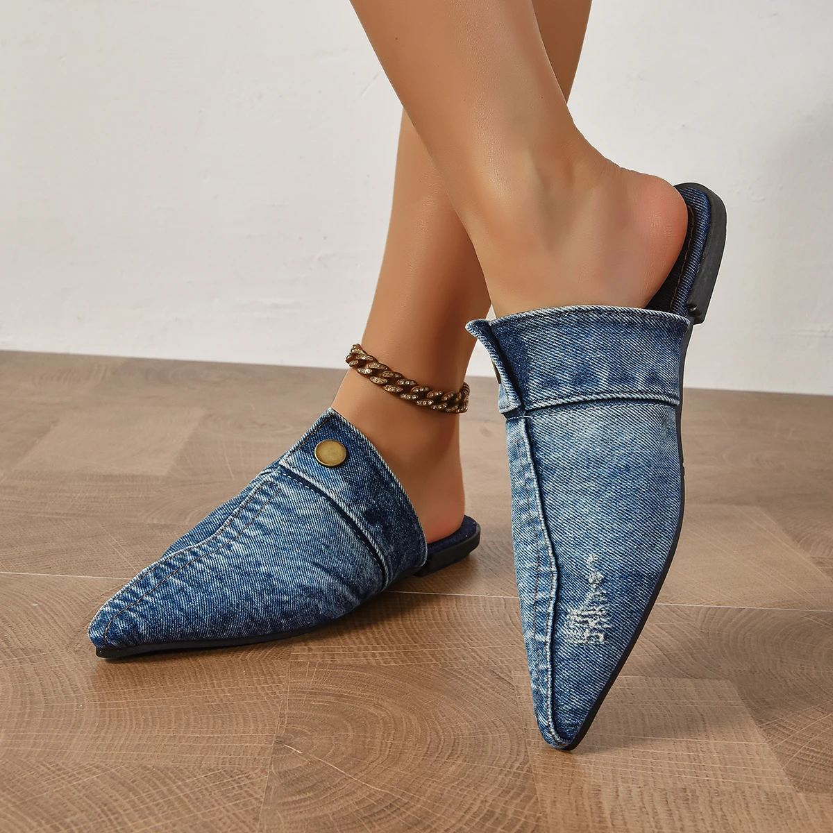 Flat Women Half Slippers Pointed Toe Denim Blue Summer Casual Slippers Women Fashion Lightweight Sandals Home Slides