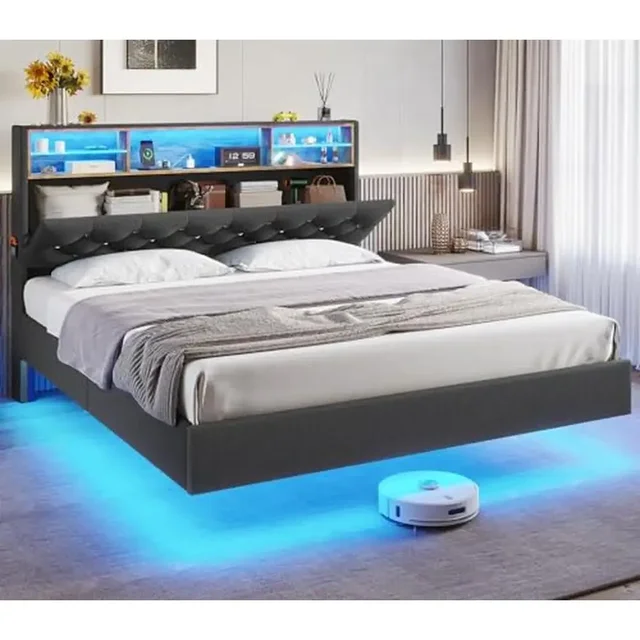 Floating Queen Bed Frame with Storage Headboard RGB LED Lights and Charging Station Modern Linen Upholstered Platform Bed Hidden 1