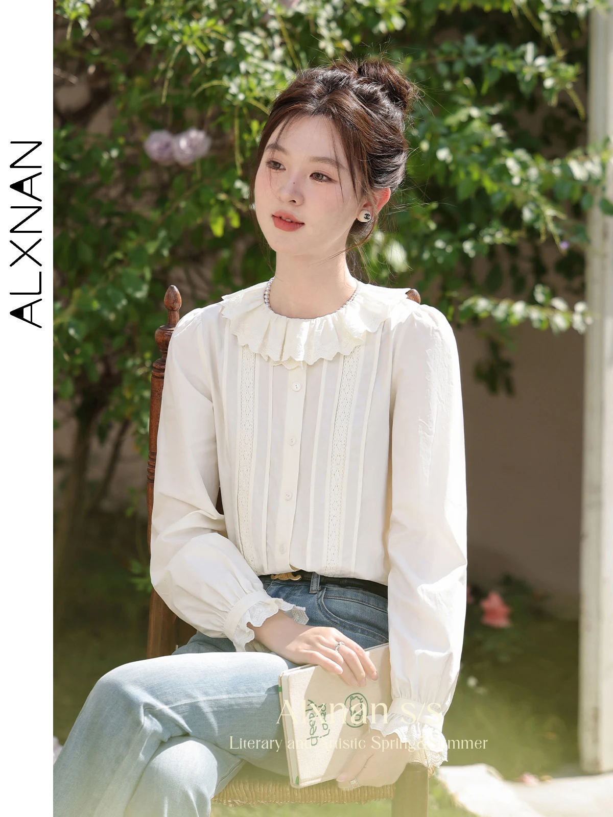 ALXNAN 여성용 캐주얼 루즈 단추 업 코튼 셔츠, 단색 단추 업 긴팔 블라우스 탑, 2024 용수철 여름, L33836