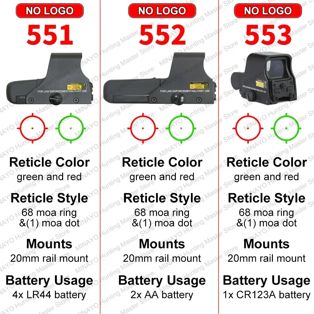 551/552/553/556/558/518 Red Green Dot Holographic Sight Scope Tactical Hunting Reflex Sight Riflescope 20mm Mount Airsoft Gun