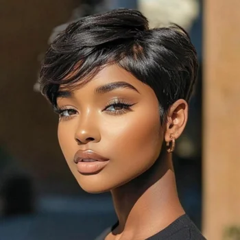 Parrucca Liscia a Densità 200% Taglio Pixie, Parrucca Bob Completamente Realizzata a Macchina, Parrucche di Capelli Umani per Donne, Pre-Plucked, BPHW Hair