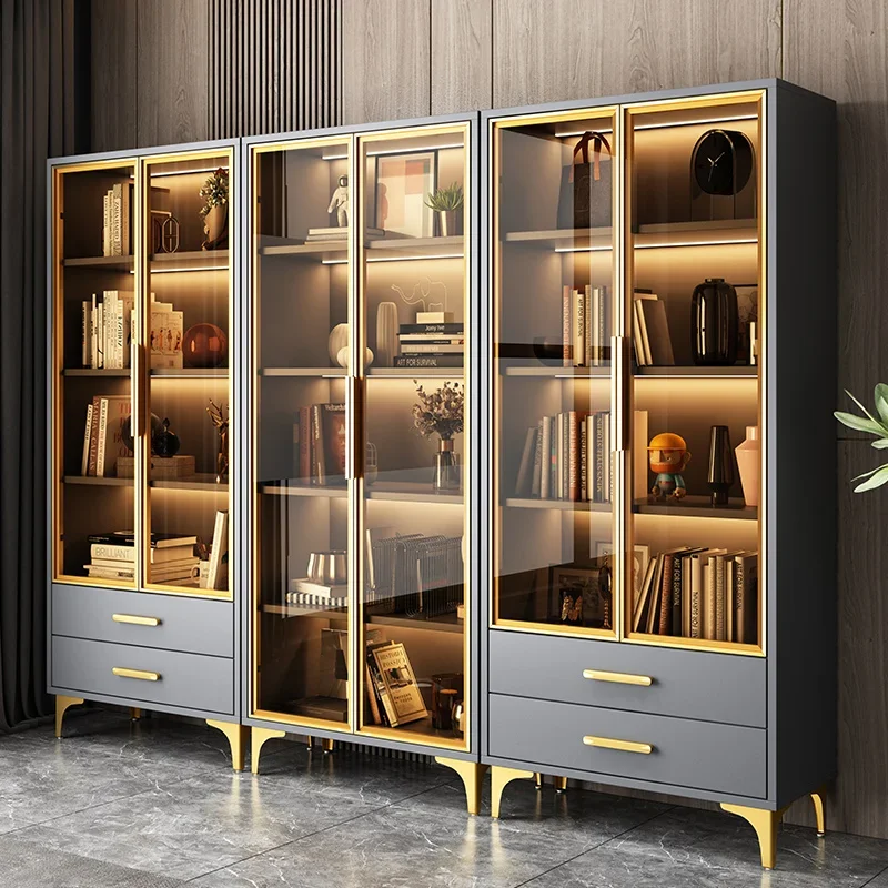 Luxury glass door bookcase floor-to-wall solid wood combination display cabinet living room study storage locker bookcase