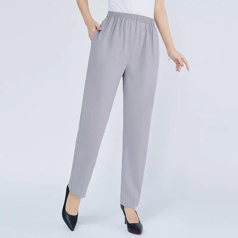 2024 New Simple Elegant Summer Solid Color Elastic High Waist Women's Fashion Versatile Silk Thin Loose Straight Cropped Pants