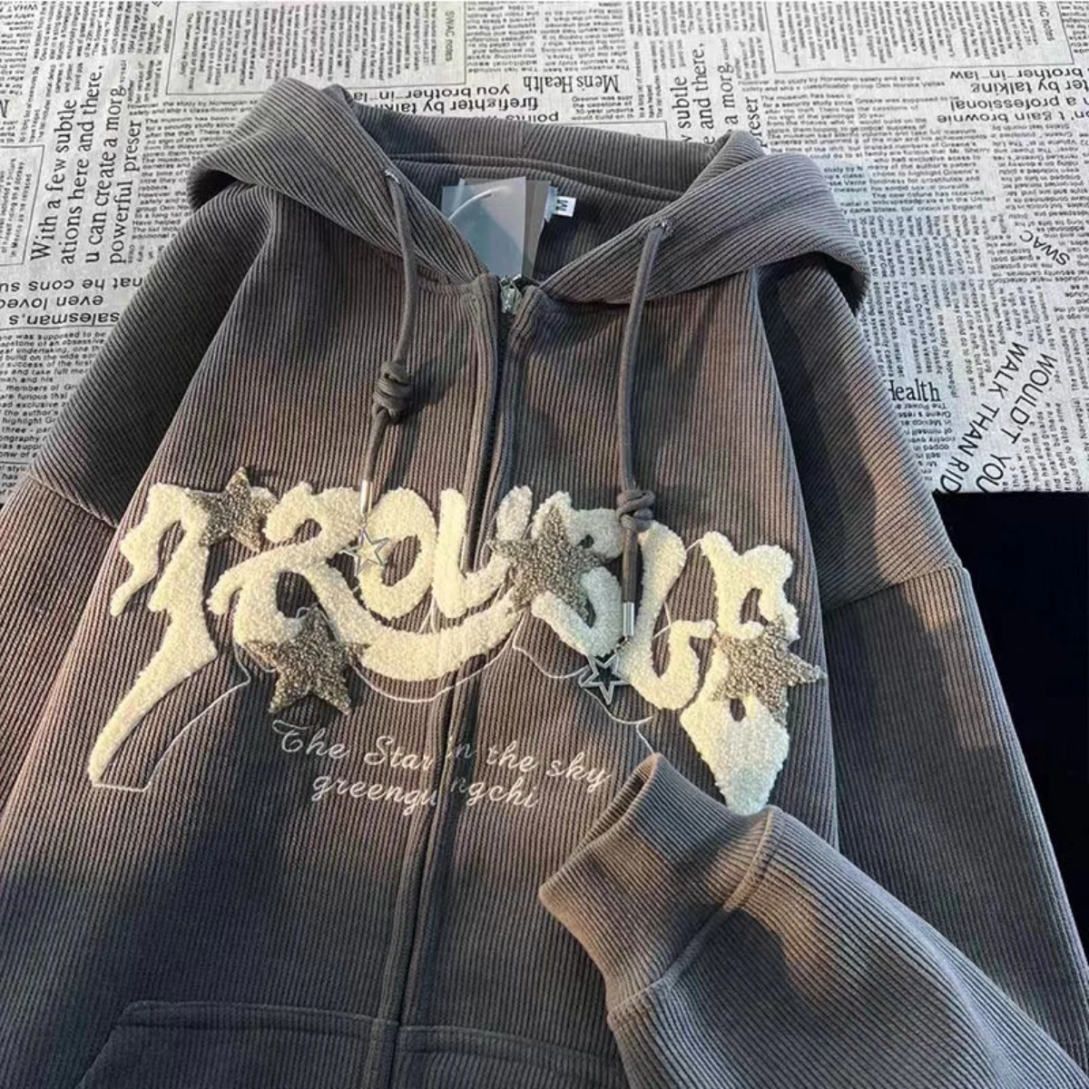 2023 New Fashion Retro Street Corduroy Letter Stars Embroidered Hoodie Female Y2K Couple Loose Zipper Hoodie Casual Jacket Top