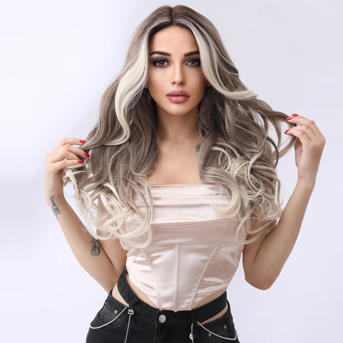 Smilco Omber Brown White Synthetic Lace Front Curly Wigs For Women Long Wave Invisible Lace Front Preplucked Wig Heat Resistant