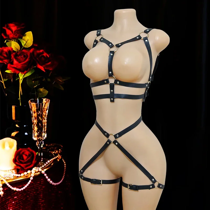 Sexy Damen-Set mit Bindebändern (Oberteil + Unterteil), enge, verstellbare Straps im Gothic-Stil, Cosplay-Accessoires_voghion.com