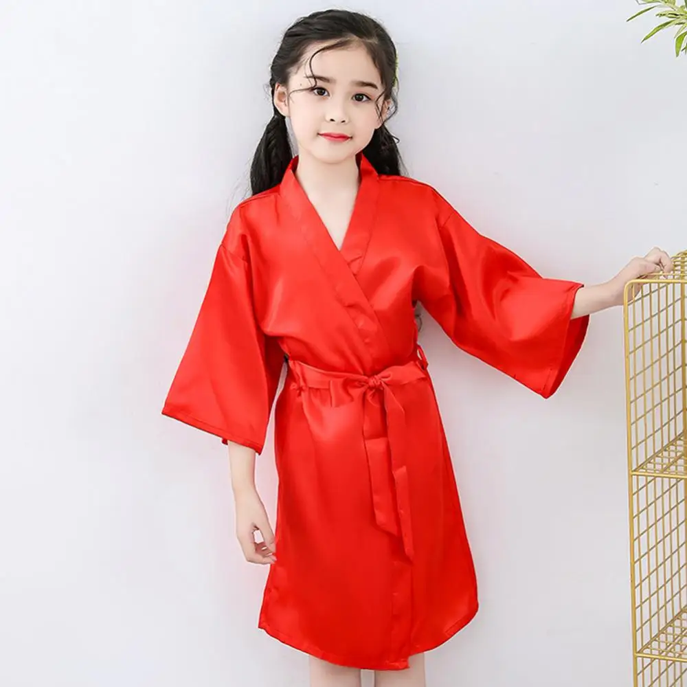 Summer Girls Silk Robe Solid Color Children's Pajamas Soft Kids Bathrobe Girls Satin Robe Teenager