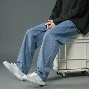 2024 Korean Fashion Men's Straight Wide Leg Jeans Classic Man Loose Baggy Denim Pants High Waist Casual Loose Denim Cargo Pants 1