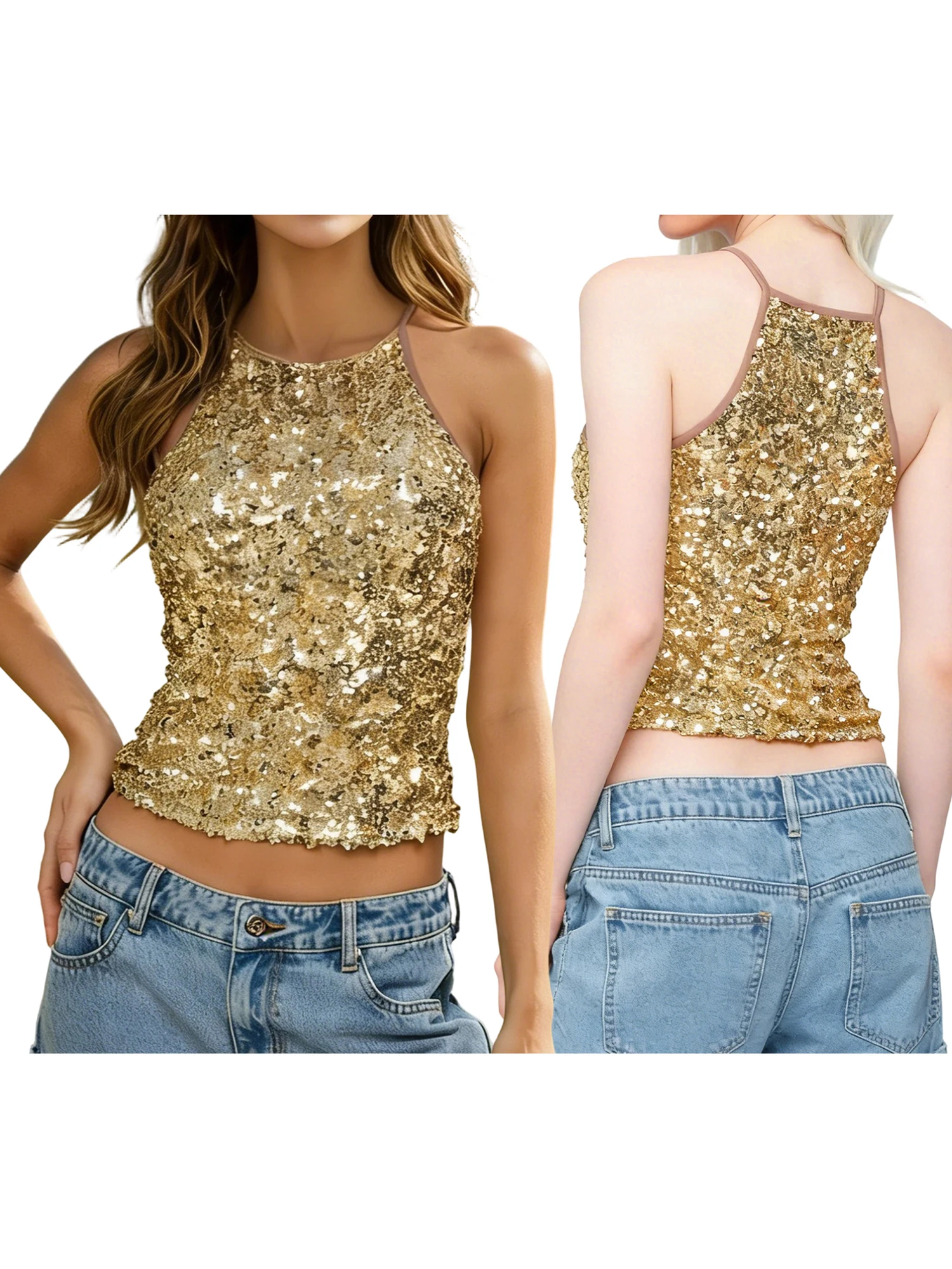 Glittery Sequin Embellished Sleeveless Blouse Chic Crew Neck Crop Top Fashionable  Fit Tank Vest for Women Summer Street