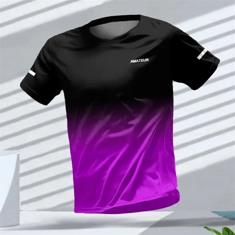 T-shirt da uomo per sport all'aria aperta, top unisex a maniche corte ad asciugatura rapida con stampa 3D standard con motivo sfumato.