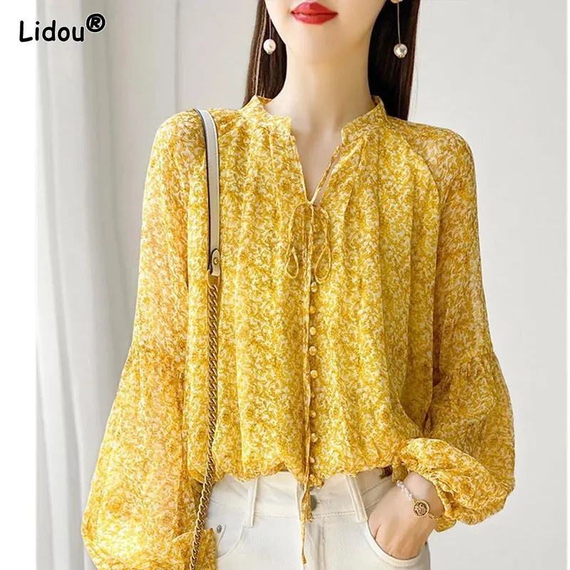 

All-match V-Neck Button Office Lady Women Shirt Thin Chiffon Single Breasted Floral Lantern Sleeve Sven Summer Women's Clothing
