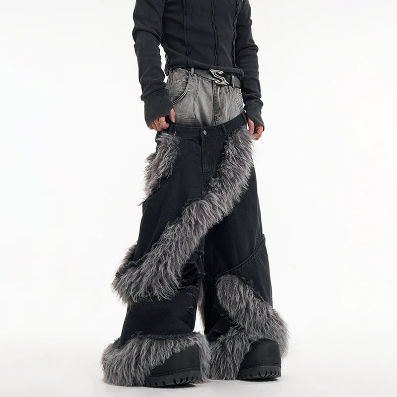LUZHEN Fake Two Piece Denim Pants Patchwork Fur Worn-out Trendy High Street Luxury American Straight Tube Trousers Male LZ8217 3