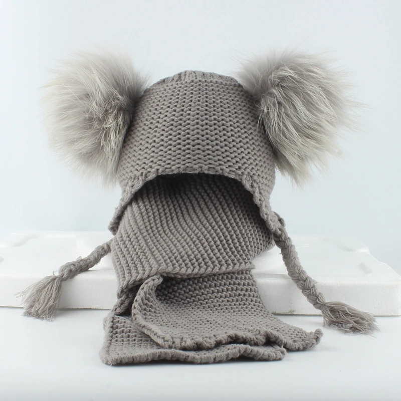 Children's Real Mink Fur Ball Hat Scarf Set Double Balls Earmuff Knit Cap Warm Wool Hat For Baby Boys Girls Scarf Shawl