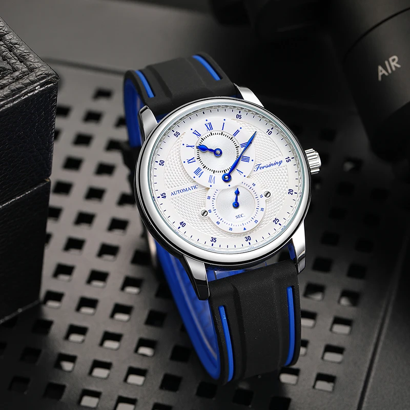 Forsining Orologio da polso automatico da uomo di lusso bianco blu Orologio meccanico impermeabile trasparente Orologio sportivo da uomo con cinturino in silicone_voghion.com