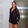 Sexy Deep V Neck Black Mesh See through Bodycon Dress Women's Fashion Spring Summer Autumn Polyester Knitted Short Dress