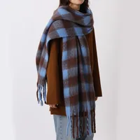 Retro Mohair Plaid Wool Scarf Tassel Thicken Winter Cashmere Scarves Solid Color Plush Long Shawl Student