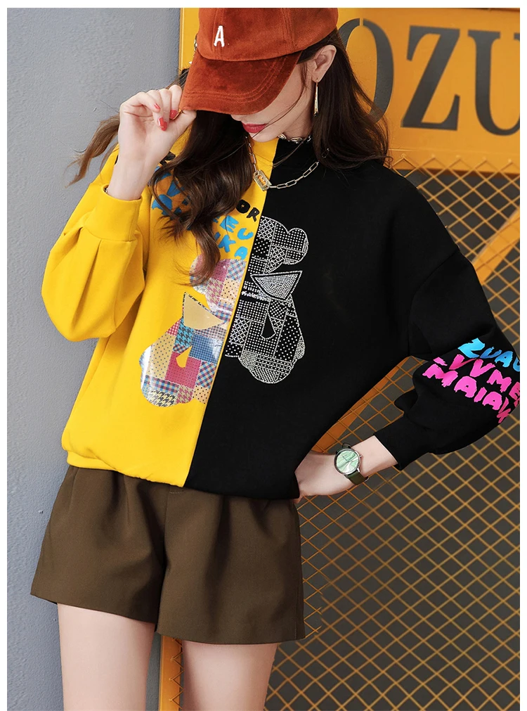 نمط الشارع بالإضافة إلى سترة صوفية نسائية كاجوال مرصعة بالألماس الثقيل وسميكة ومطابقة للألوان