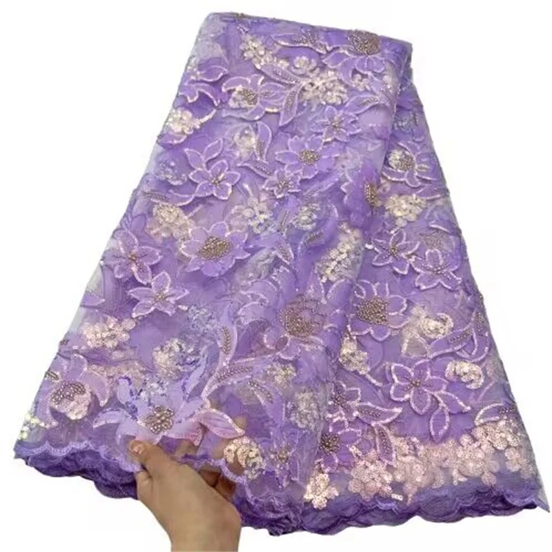 

Latest African Beads Lace Fabric 5 Yards purple High Quality Swiss Embroidery Nigerian Robe Tailoring Material French Tulle Lace