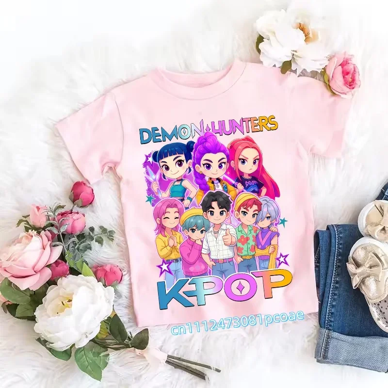 Children's Anime-Inspired Demon Hunters T-Shirt - K-pop Cartoon Pattern, Casual Girls' Top, Gift Option