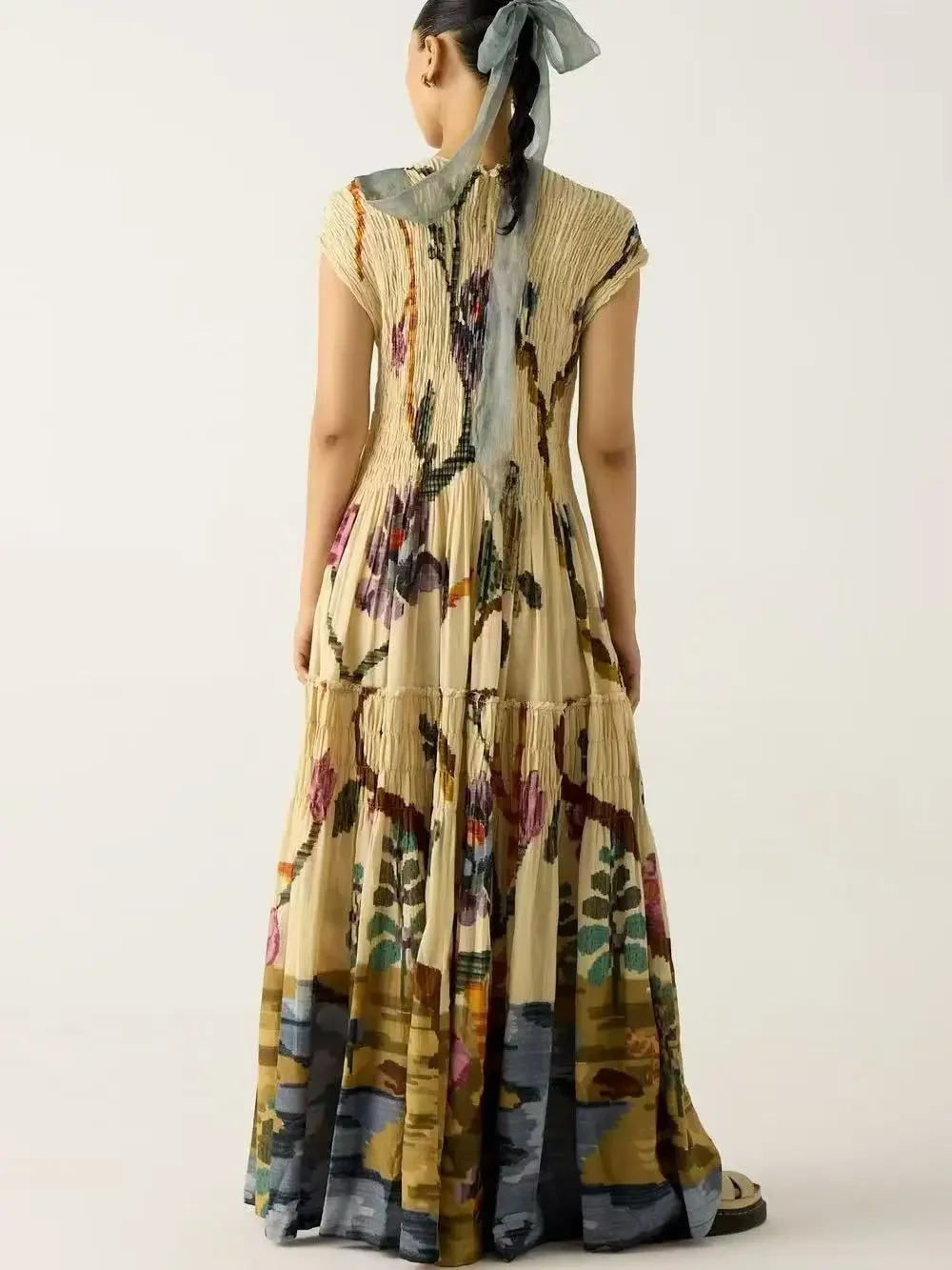 فستان طويل بطيات مطبوع بنمط عتيق فستان نسائي ربيعي...