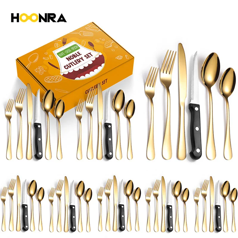 

HOONRA High Quality Stainless Steel Gold Plated 48 Piece Set Steak Knife Fork Dessert Spoon Cutlery Set Home Dishwasher Safe