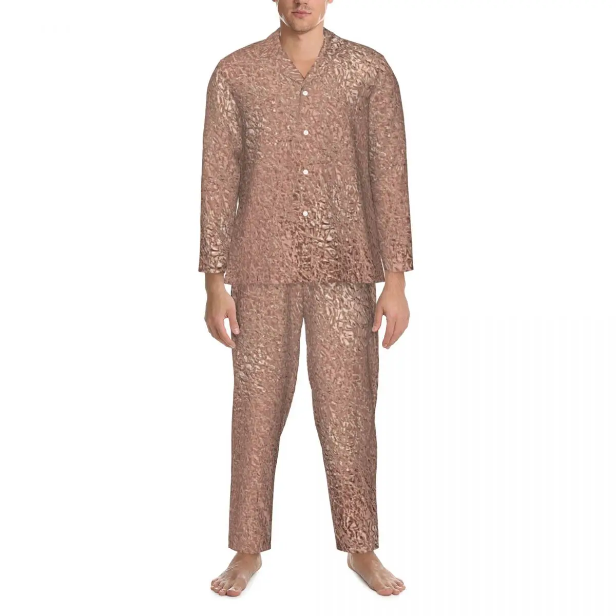 

Faux Metallic Sleepwear Autumn Rose Gold Glitter Metal Print Vintage Pajama Sets Male Long Sleeve Soft Night Design Nightwear