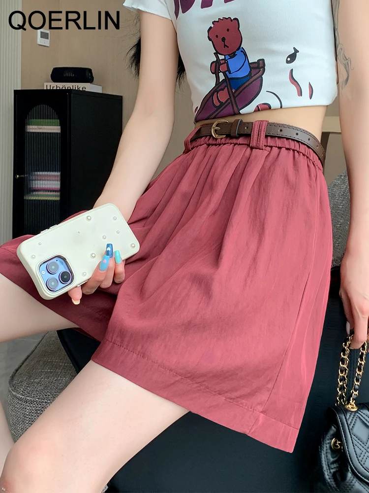 QOERLIN with Belt Elastic Waist Shorts Loose Casual High Waist Shorts Female Summer Wide Leg Bermudas Streetwear Thin Hot Pants