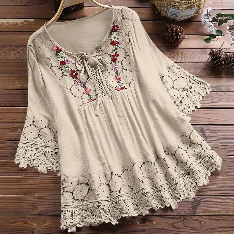 New Summer Fashion Splicing Lace Charm Elegant Lace-up Shirt V-neck Loose Women's Solid Color Top 30659a