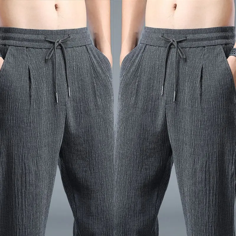 Male Motion Trousers Ice Shreds Nine Points Flax Ultrathin Breathable Loose Fitting Straight Cylinder Cotton  Linen Quick Drying