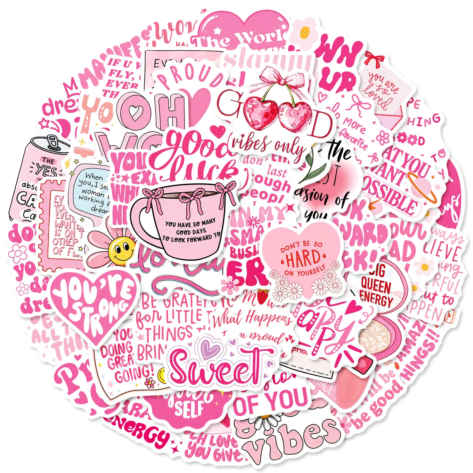 Motivational Pink Cartoon Quote Stickers - 50 Pack Inspirational Decals