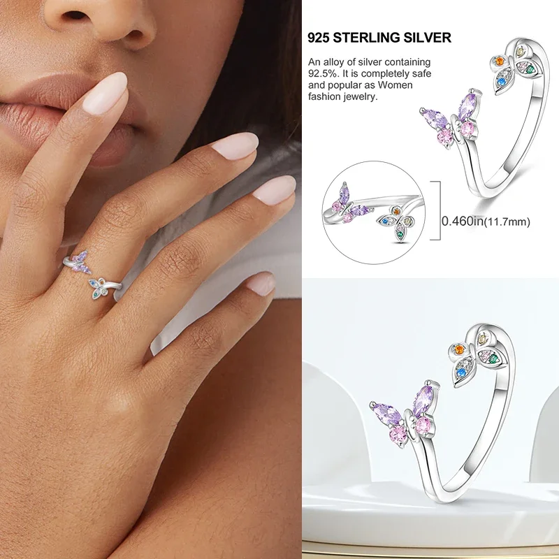 Free Size 925 Sterling Silver Ring Butterfly Sun Moon Sunflower Crystal Original Adjustable Rings For Women Wedding Jewelry Gift silver ring wedding rings silver rings enamel butterfly ring