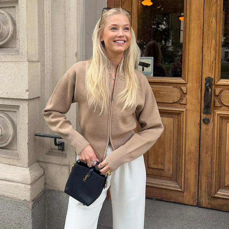 Fashion Knit Women Cardigan Casual Long Sleeve Zipper Stand Pleated Slim Lady Sweater 2025 Autumn Office Female Knitwear Coat