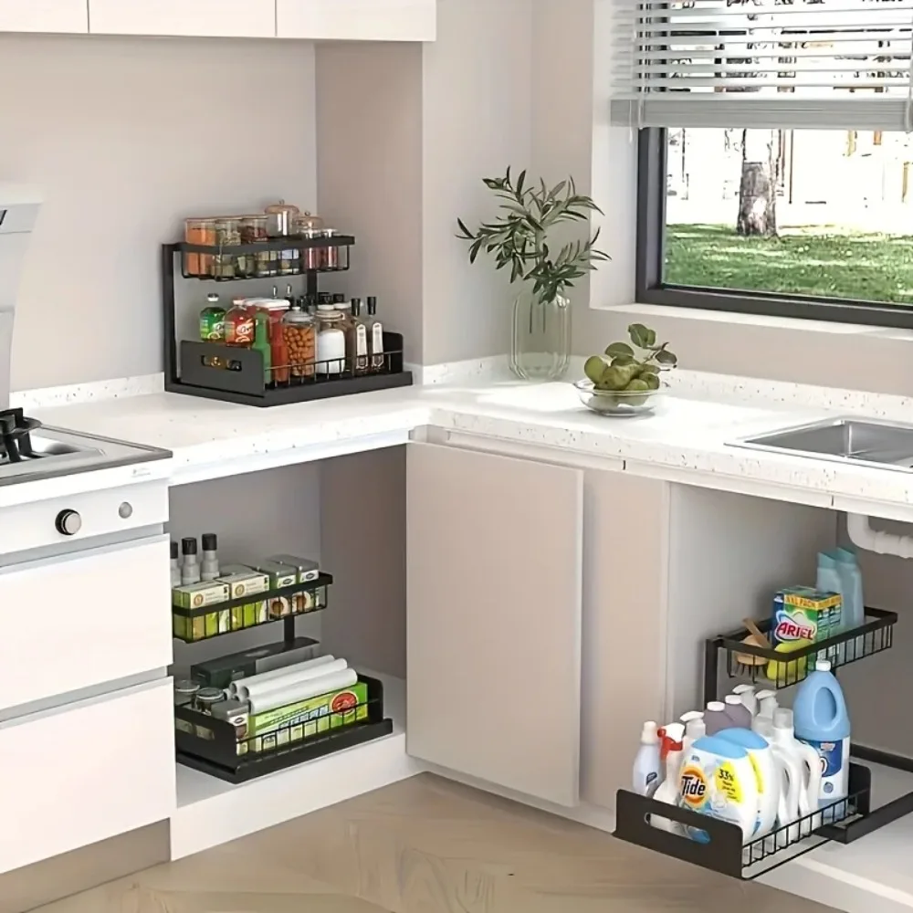 Double-Layer Sliding Sink Under-Sink Shelf for Home Use Pull-Out Cabinet Storage Rack for Kitchen and Bathroom Storage