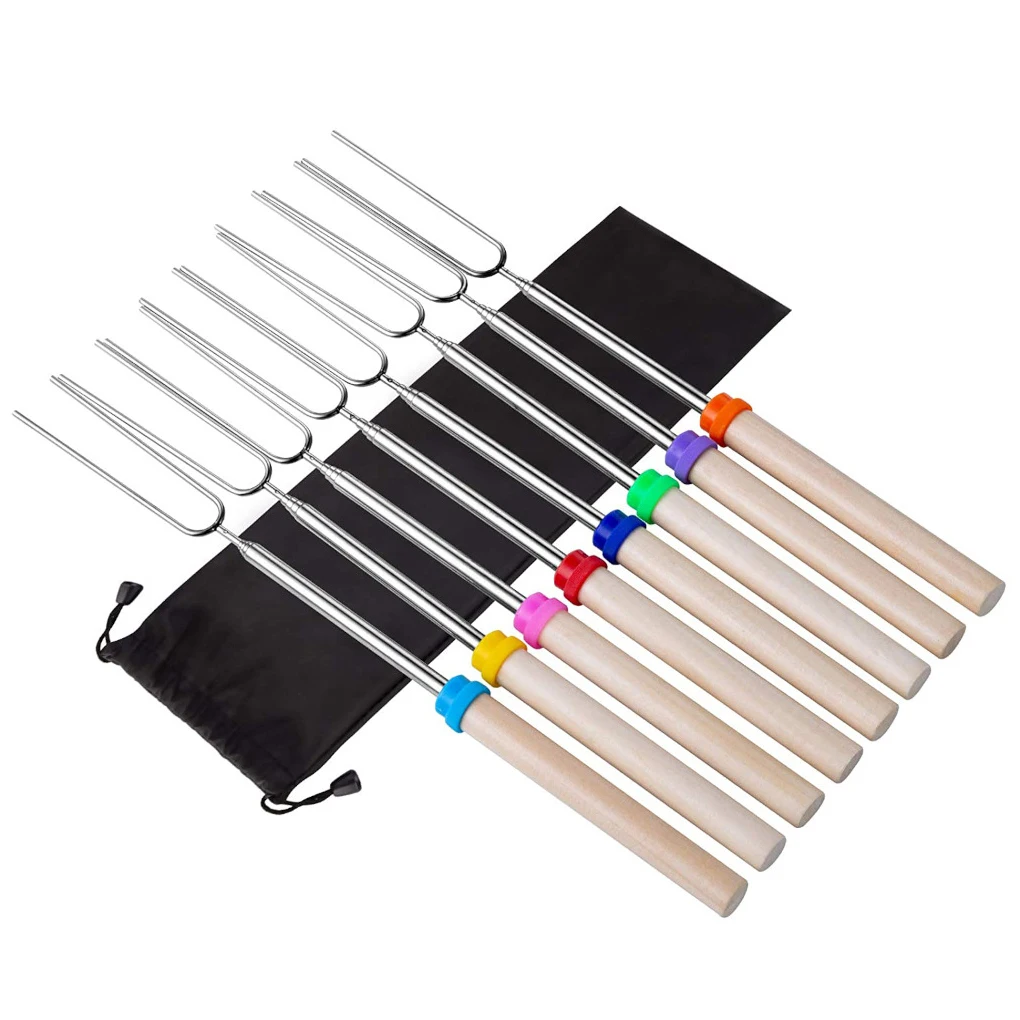 UPKOCH 4pcs Barbecue Fork Stainless Steel U-Shaped Colorful Wooden Handle BBQ Forks Barbecue Grill BBQ Accessories Roasting Skewers for Camping Picnic 