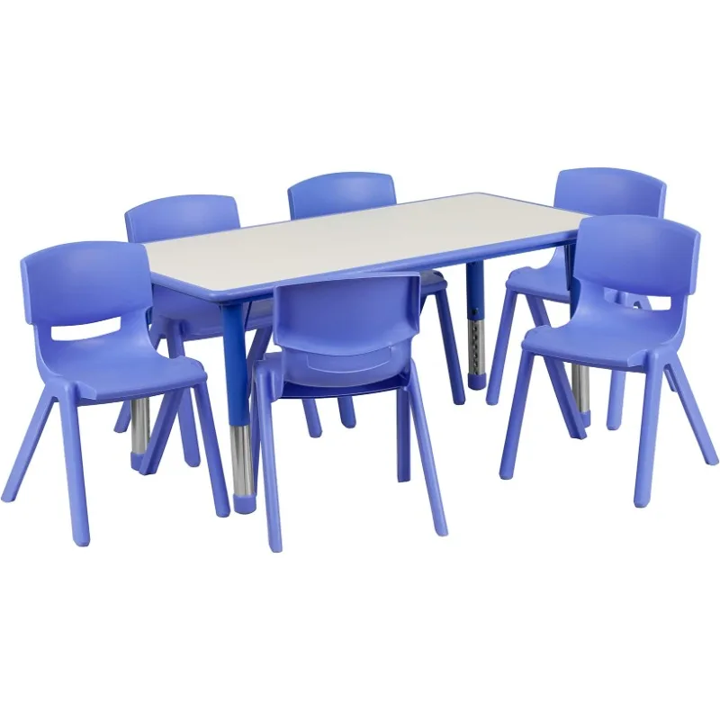 

Flash Furniture Emmy 23.625''W x 47.25''L Rectangular Blue Plastic Height Adjustable Activity Table Set with 6 Chairs