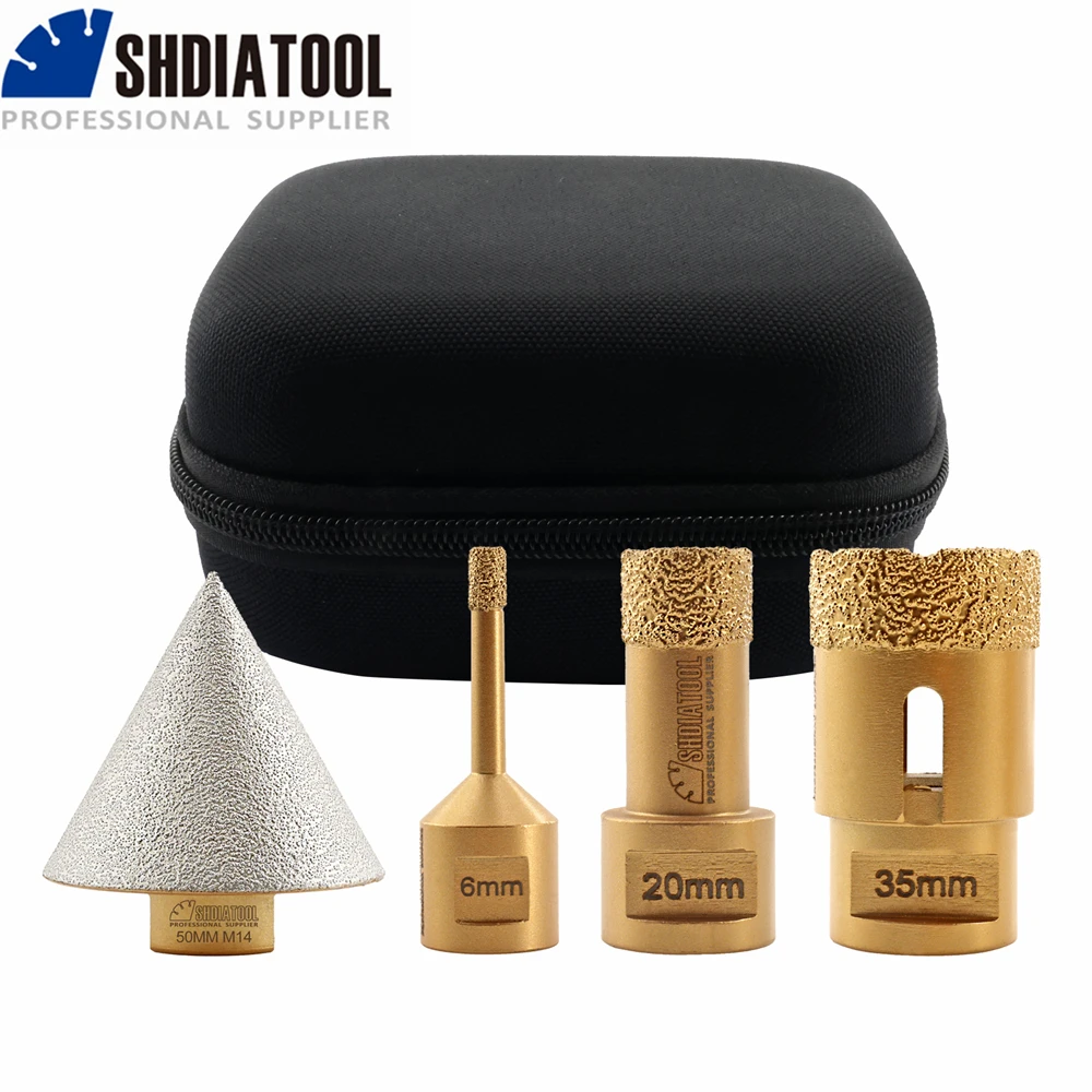 SHDIATOOL Diamond Drill Bits Set 4pcs M14 6/20/35mm Core Bits Hole Saw Kit+50mm Diamond Chamfer Milling Tile Masonry Ceramic