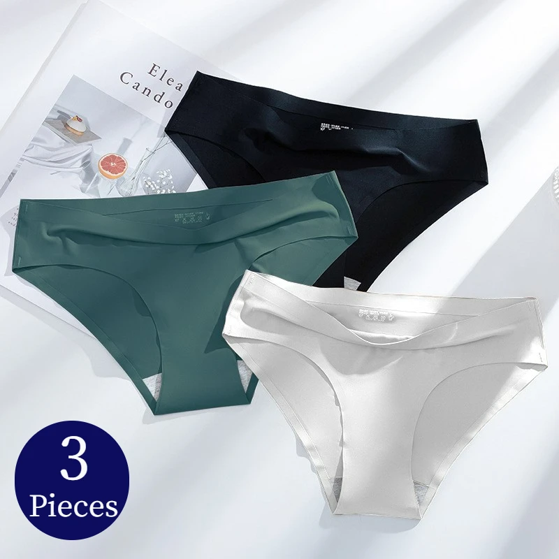 

Plus Size M-3XL 3PCS/Set Solid Colors Women's Panties Breathable Seamless Underwear Silk Satin Sexy Panty Thin Cozy Lingerie New