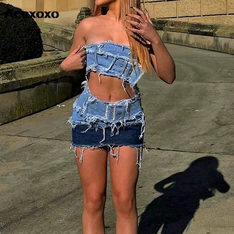 

Differential sexy strapless denim skirt suit with raised color with spring/summer 2023 new metal buckle burr casual suit