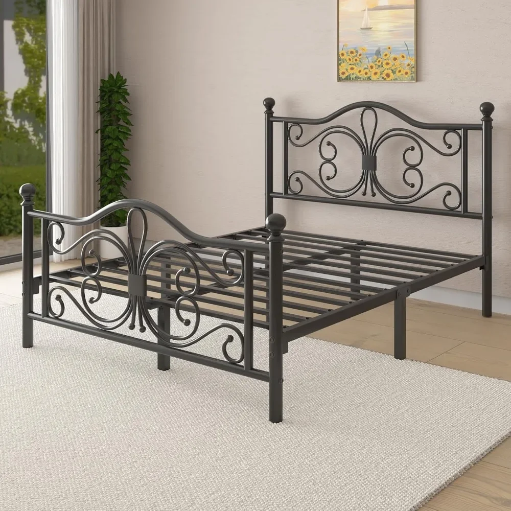 Bed Frame/Metal Platform Bed Frame with Butterfly Pattern Design Headboard and Footboard/Strong Metal Slats Support 6