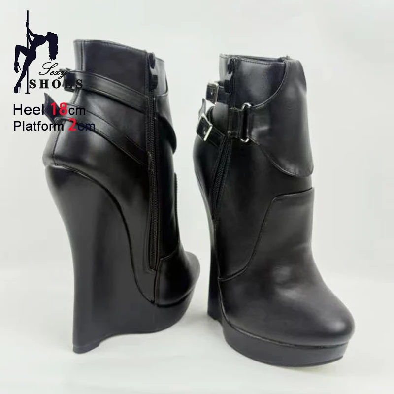 Matte Black 18CM/Inch Wedge Heel Ballet Boots For Women Fashion Ankle Buckle Large Size Fetish Shoes Thick Platform Short Boots