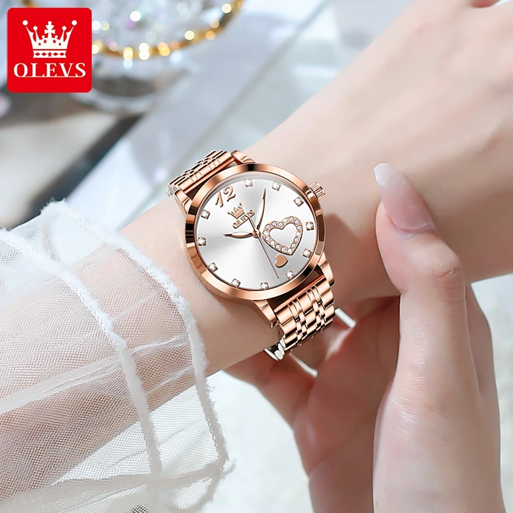 OLEVS Luxury Stainless Steel Ladies Watch Gift Set Love Heart Diamond Dial Luminous Hands Waterproof Bracelet Watch for Women