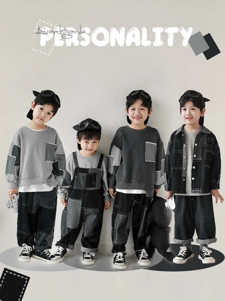 

Boys' Fashionable Contrasting Color Patchwork Jacquard Jeans Autumn New Children's Shoulder Strap Pants Set