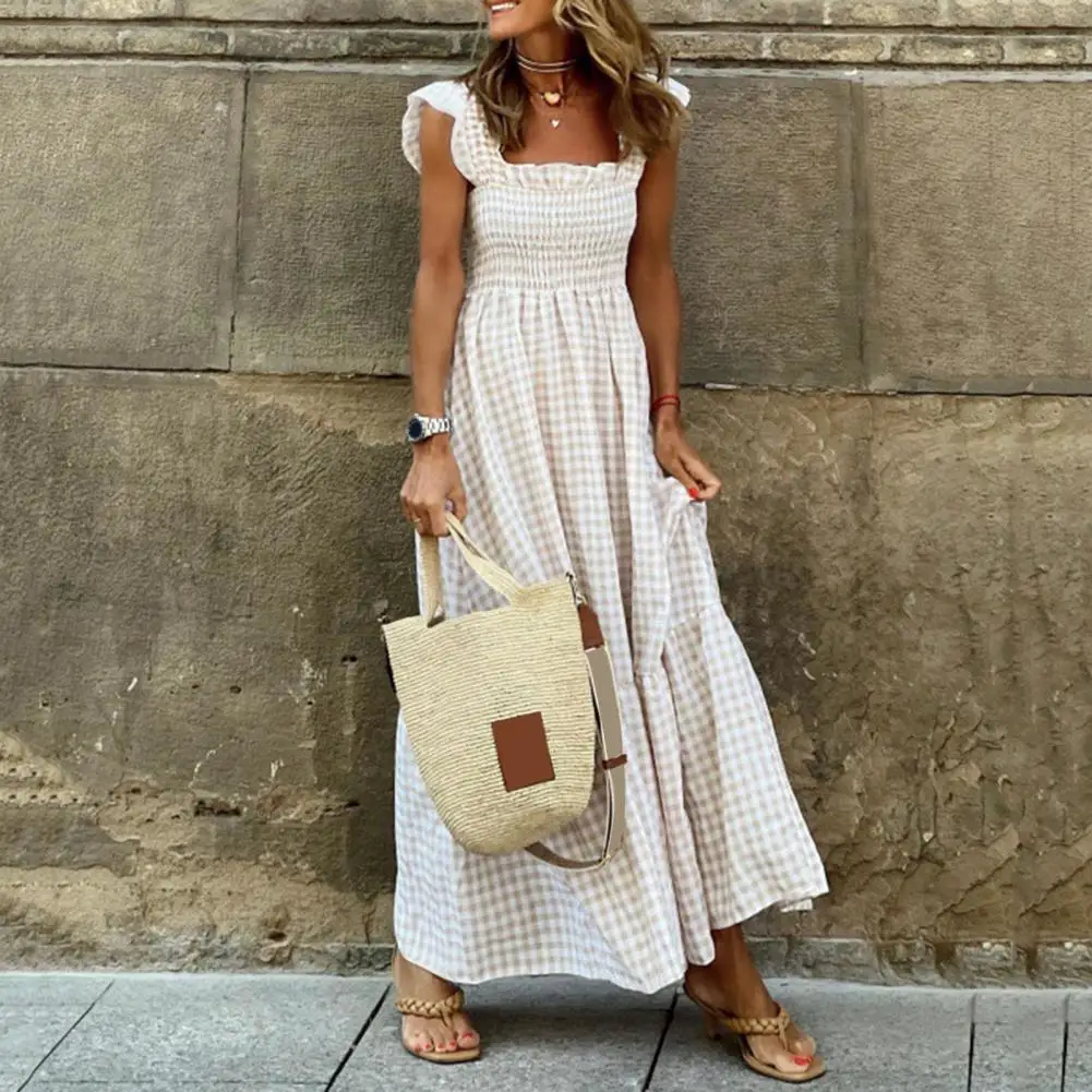 Elegant Square Collar Sleeveless Women Dress Elastic Chest Wrap Ruffle Large Hem Women Plaid Print Sling Maxi Dress Boho Vestido
