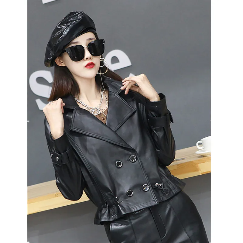 Женская черная кожаная куртка из овчины, свободная и показная тонкая мотоциклетная куртка, короткая модель, пальто с тонкой талией, Ранняя весна