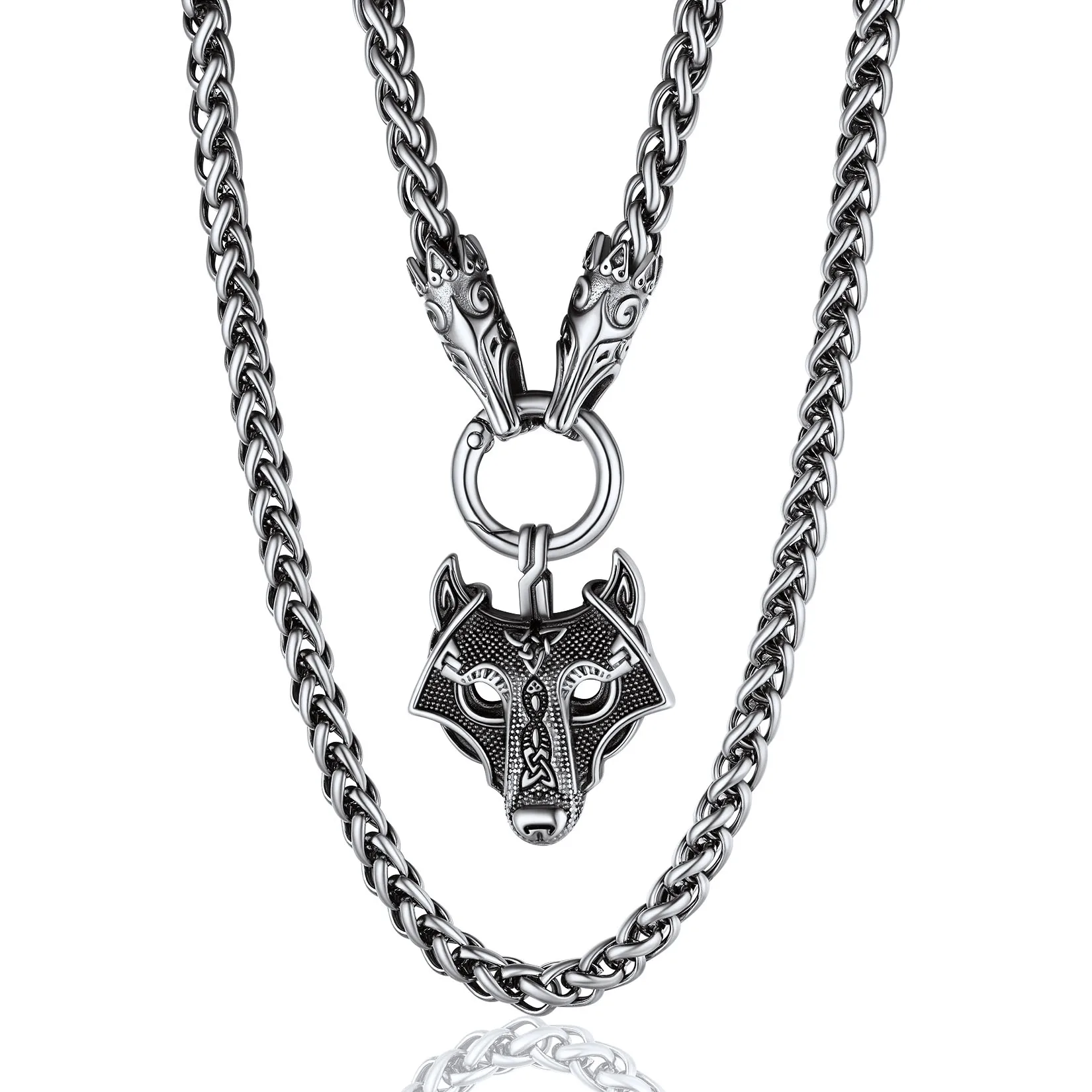 

U7 Weighty Norse Viking Celtic Knot Wolf Head Necklace for Man 28" 7mm Link Chain Stainless Steel Retro Mythology Amulet Jewelry