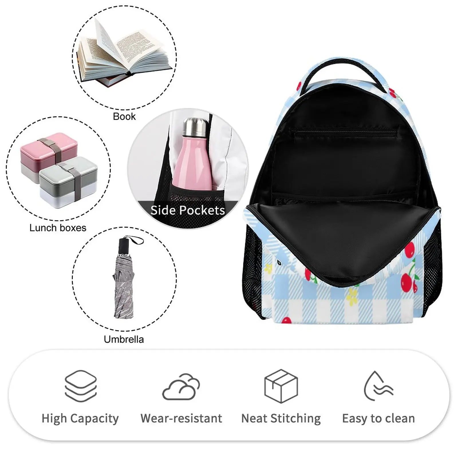 Custom Pattern Printed Blue and White Checkered Fruits Schoolbag Large Capacity Backpack Boys Girls Leisure Travel Book Bags