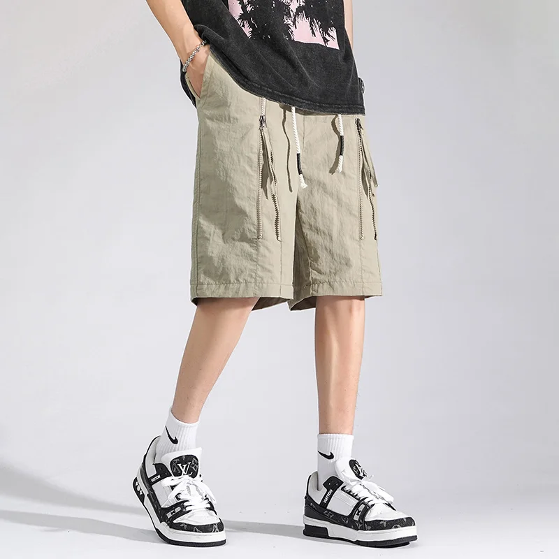 Summer Men's Clothing Solid Color Zipper Elastic High Waist Pockets Casual Bandage Sweatpants Preppy Style Vacation Shorts