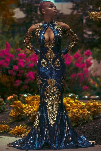 African America French Prom Dresses Gorgeous Gold Appliques Lace Mermaid  Evening Prom Gowns Full Sleeve Robe De Soiree - AliExpress